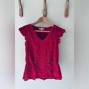Skies are Blue Red Flutter Sleeve Embroidered Blouse Size XS